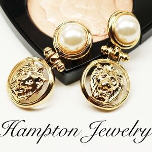 Simulated Pearl Cabochon Lion's Head Doorknocker Earrings